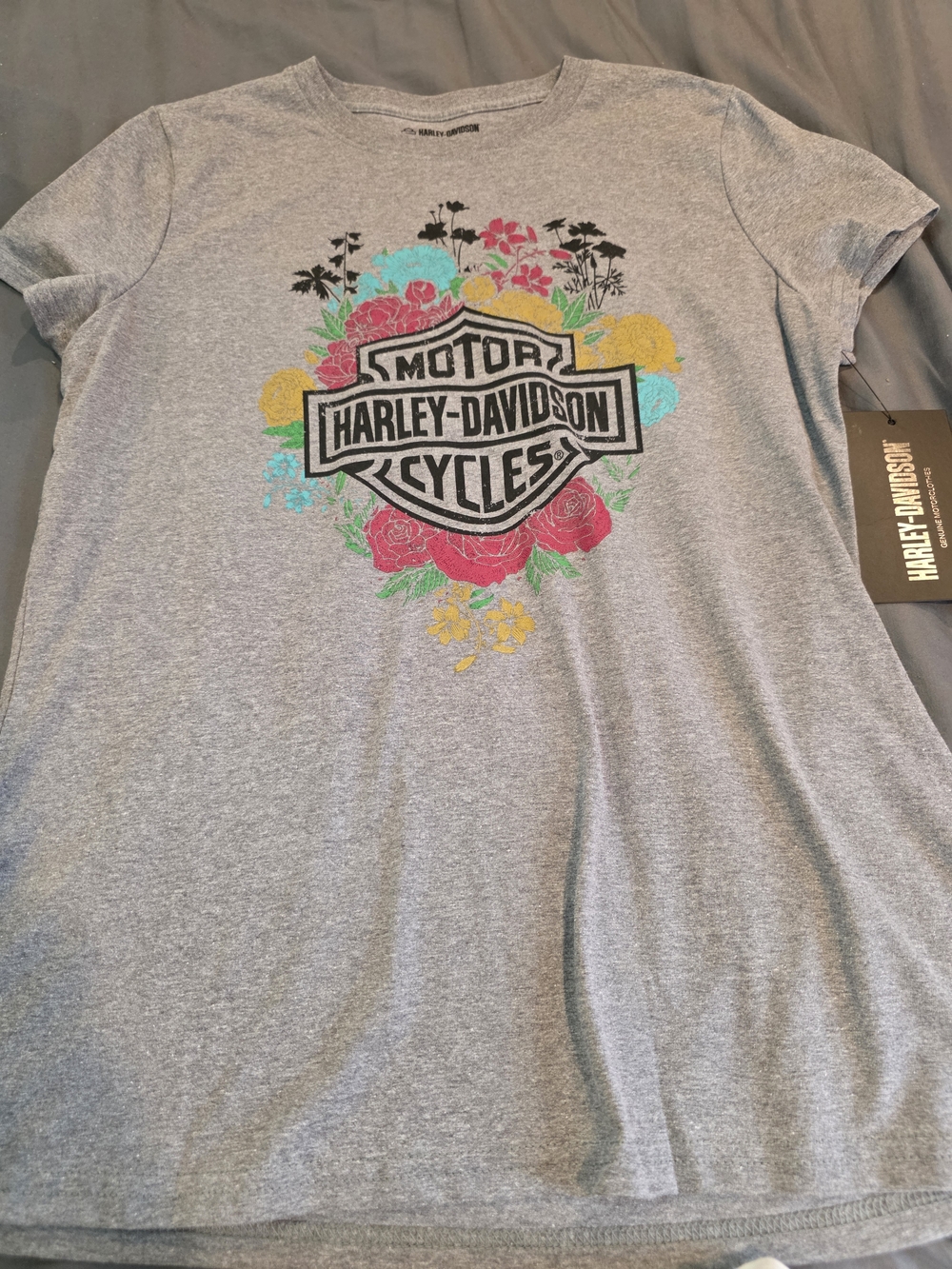 Harley-Davidson Gray Tee with Multicolor Floral Shield